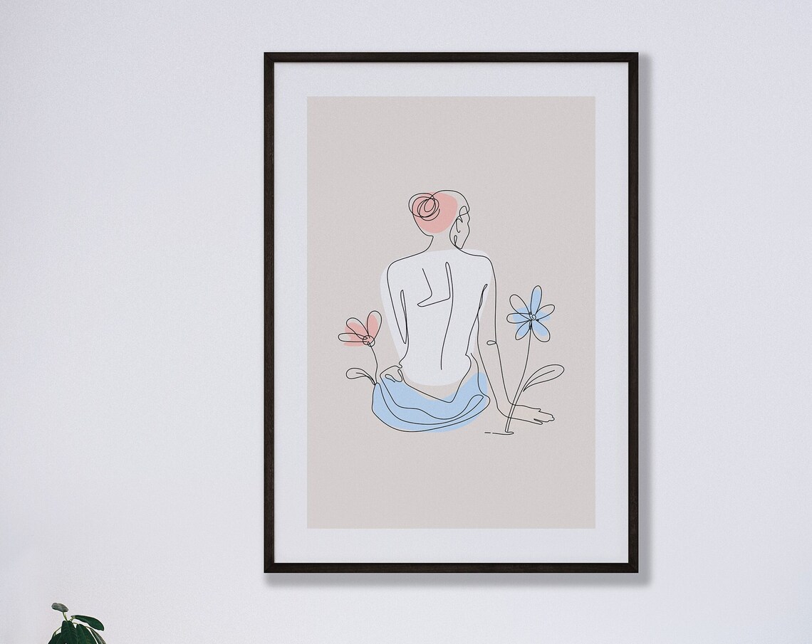 Seated Woman Line Art Poster Floral Minimalist Feminine Wall Decor