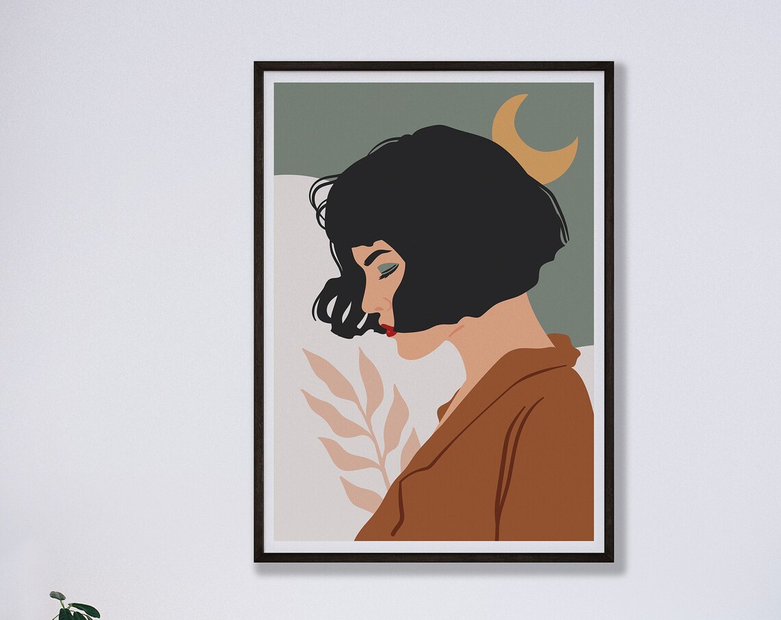 Elegant Woman Bob Haircut Crescent Moon Minimal Portrait Poster