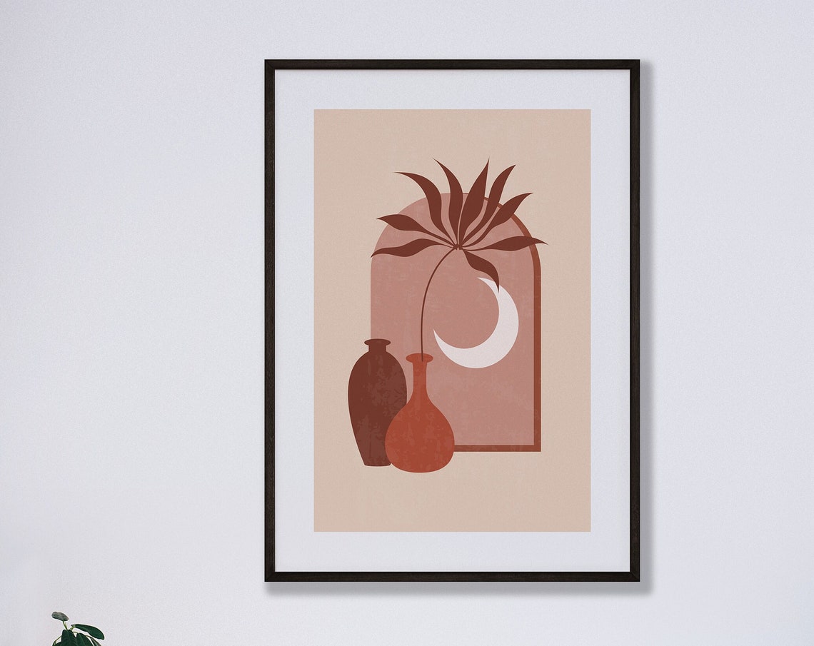 Terracotta Vases Crescent Moon Arch Minimalist Boho Desert Poster