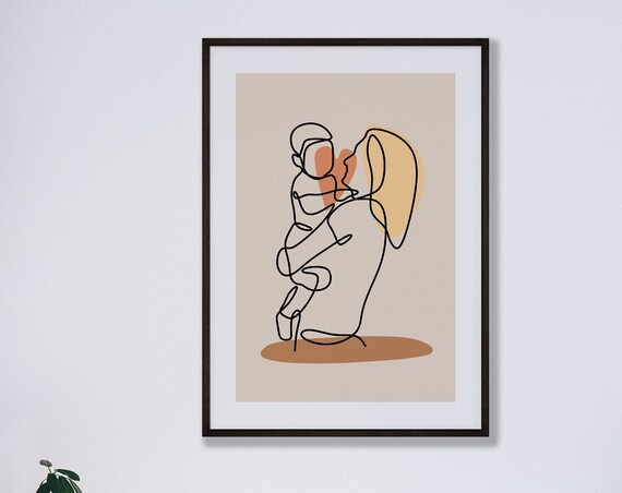 Mother Carrying Child Poster Line Art Trendy Wall Continuous Minimalist