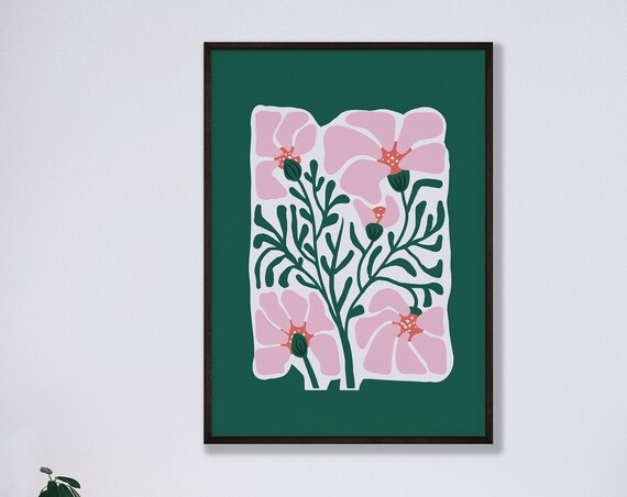 Pink Carnations Flat Illustration Flowers on Deep Green Poster