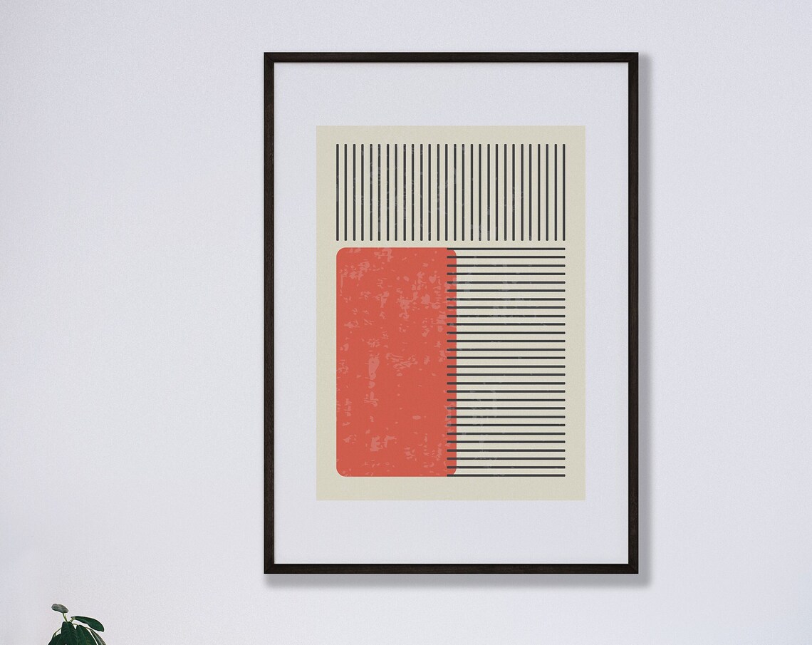 Bauhaus Geometric Red Block Black Lines Cream Mid Century Poster