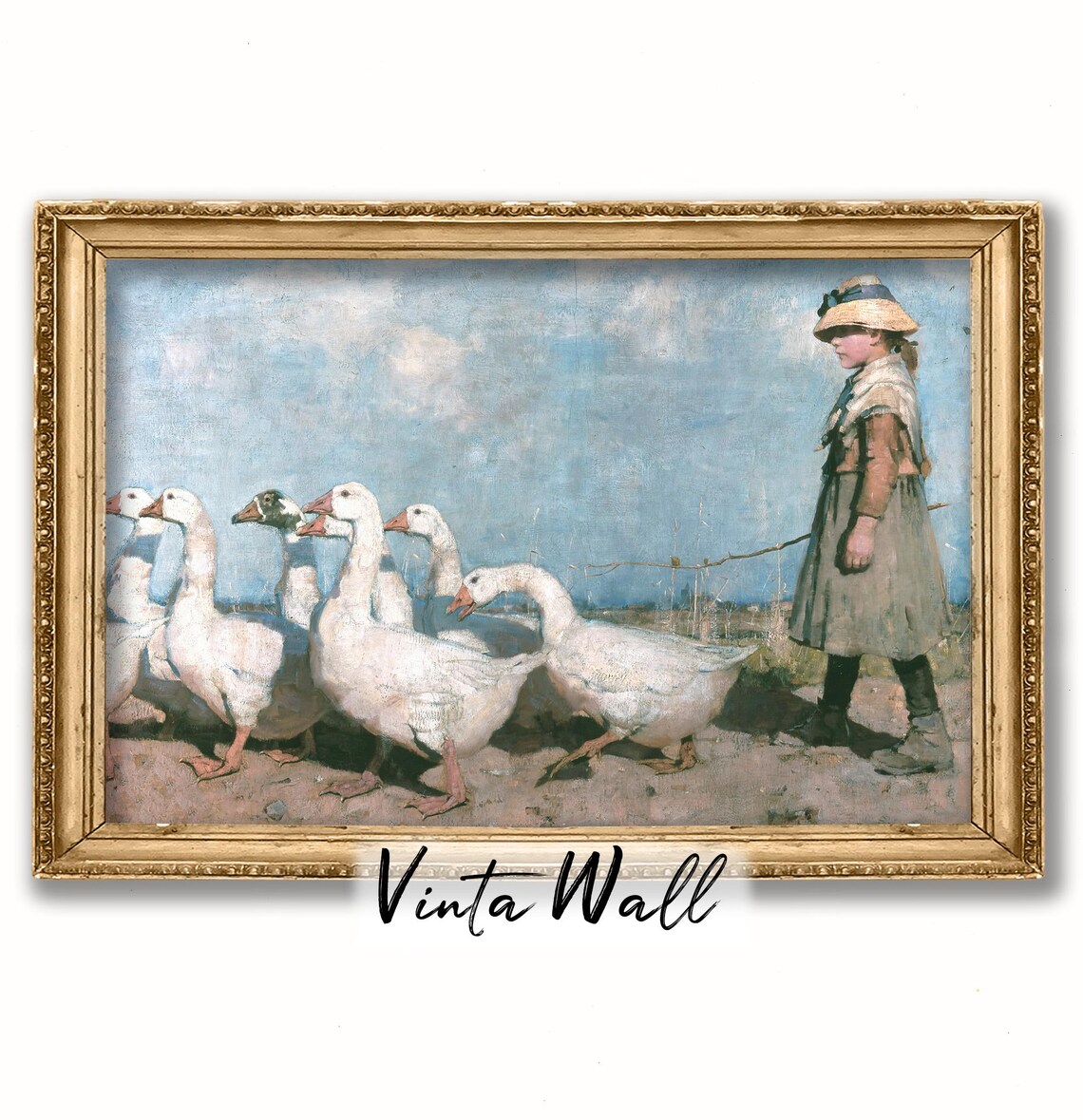 Goose Duck Oil Painting Print Farmhouse Muted Colours Girl Vintage Landscape Art Country Neutral Tones Rustic Home Wall Decor - Image 4