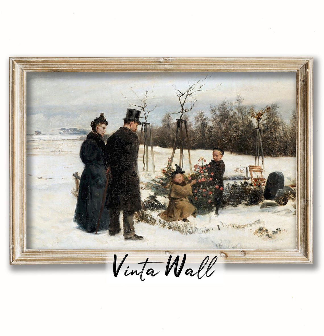 Family Decorating Christmas Tree Snowy Garden Vintage Scene Poster