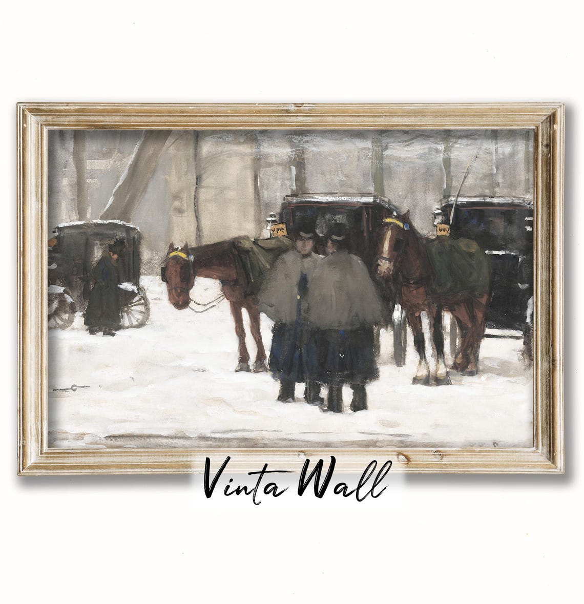Snow Painting Winter Horse Print Lady Gentleman Square Carriage Gig Farmhouse White Art Holiday Home Wall Decor Village Christmas