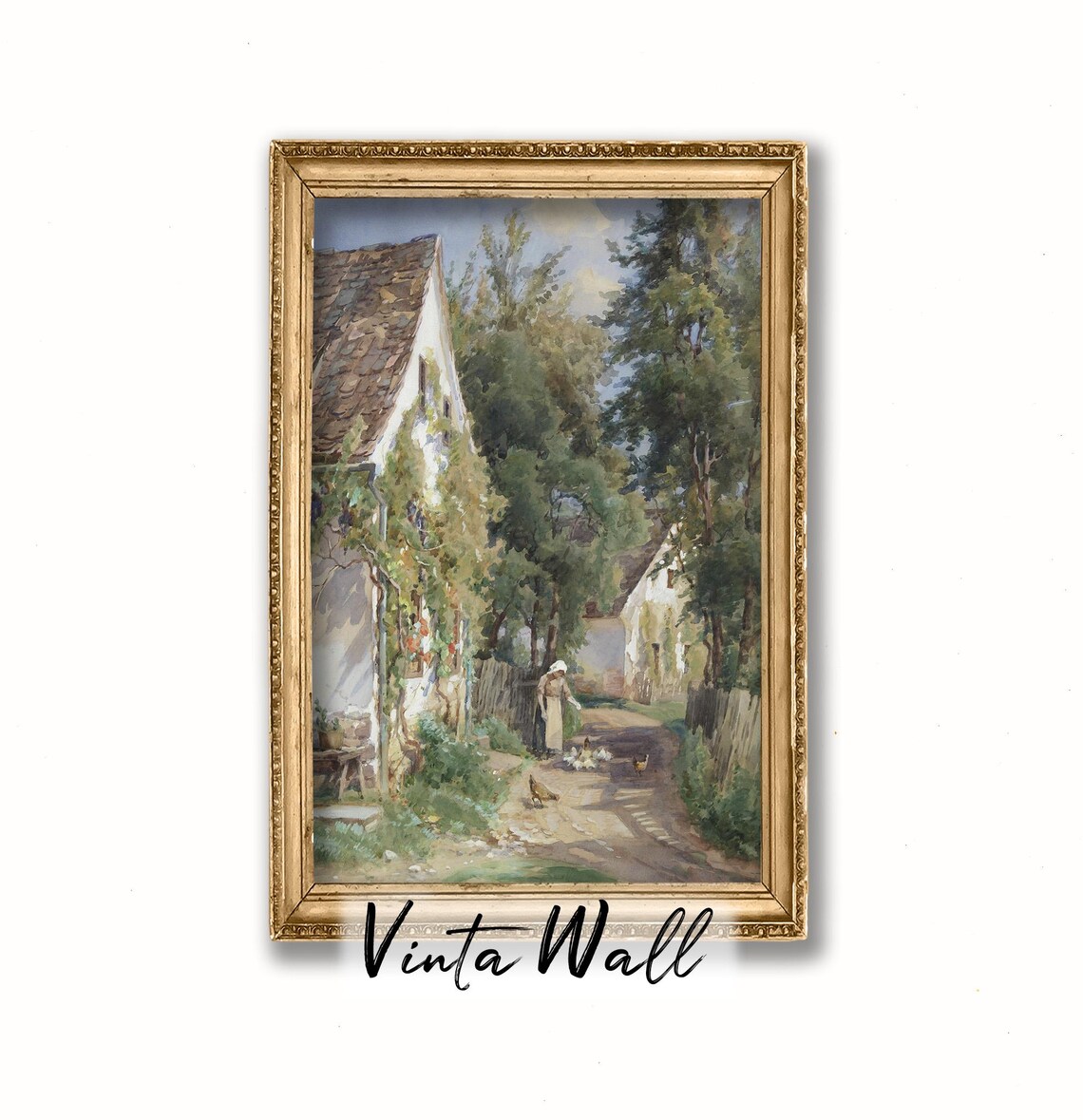Village Lane With Cottages Woman Feeding Hens and Chicks Vintage Street Poster - Image 3