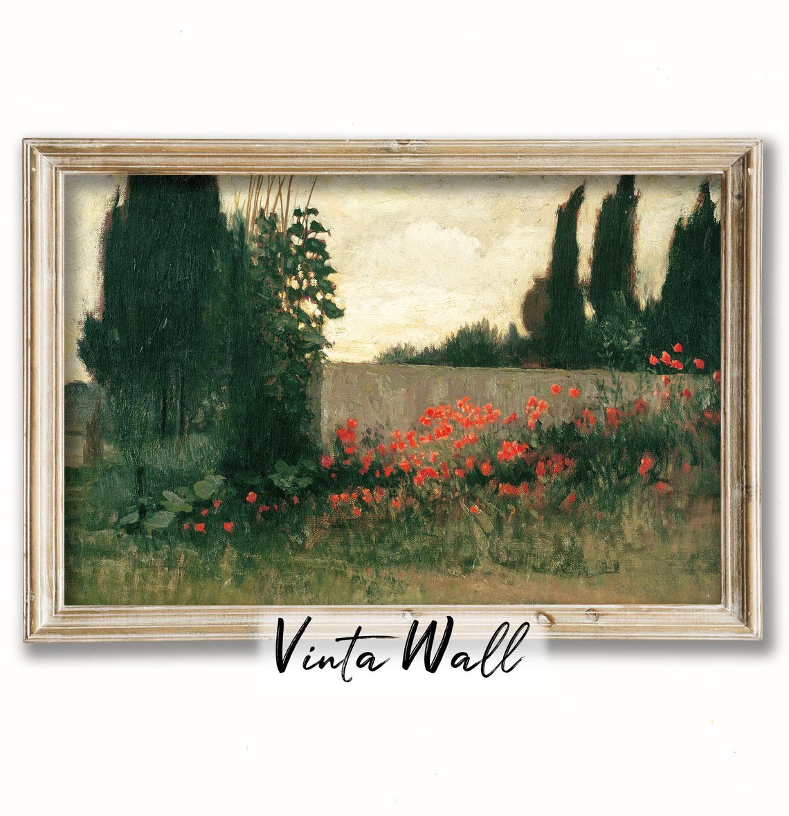 Dark Academia Cottage Flower Poppies Print Field Cypres Oil Painting Farmhouse Meadow Vintage Scenary Art Tones Home Wall Decor