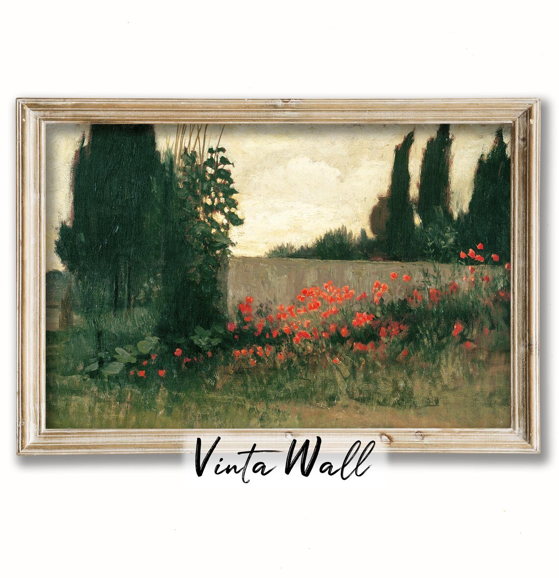 Red Poppies and Dark Cypress Trees Moody Garden Landscape Poster