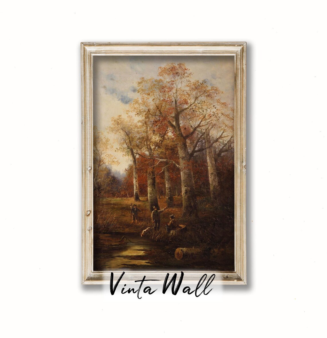 Golden Autumn Trees Beside Dark Stream Figures Resting Vintage Forest Poster