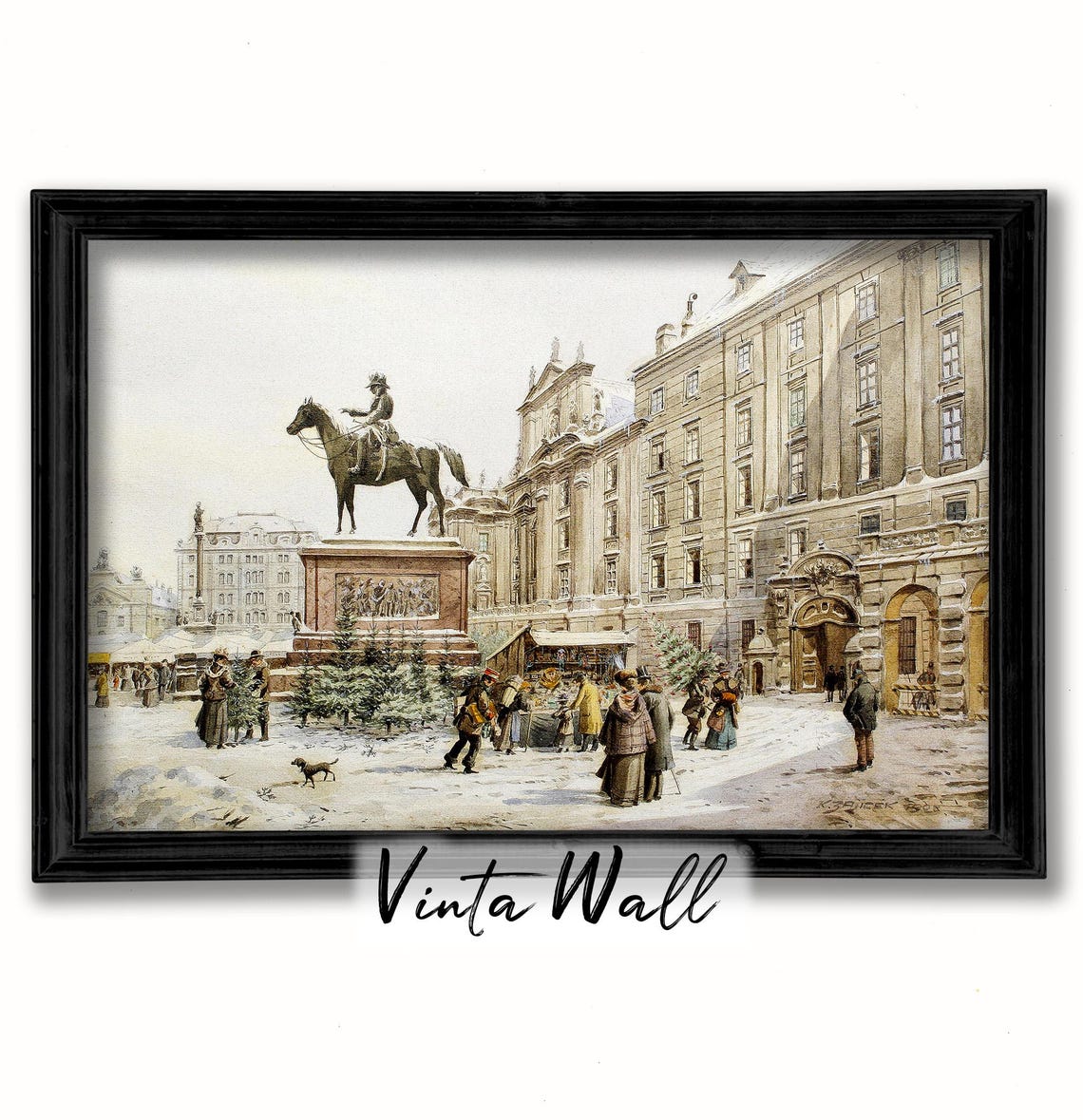 Snowy City Square Equestrian Statue Vintage Christmas Tree Poster - Image 2