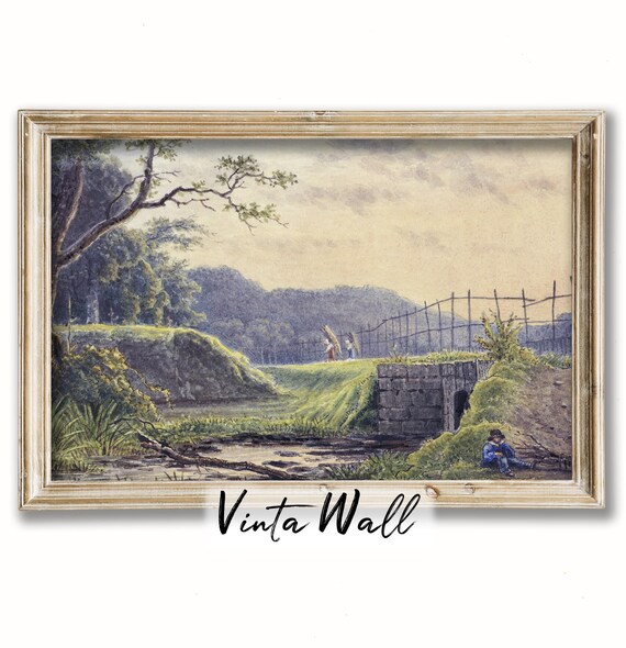 Stone Bridge River Crossing Vintage Watercolor Landscape Scene Poster