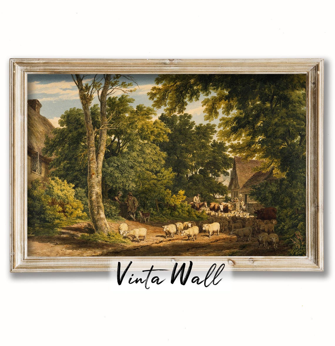 Sheep Flock Village Drive Green Trees Vintage Pastoral Scene Poster