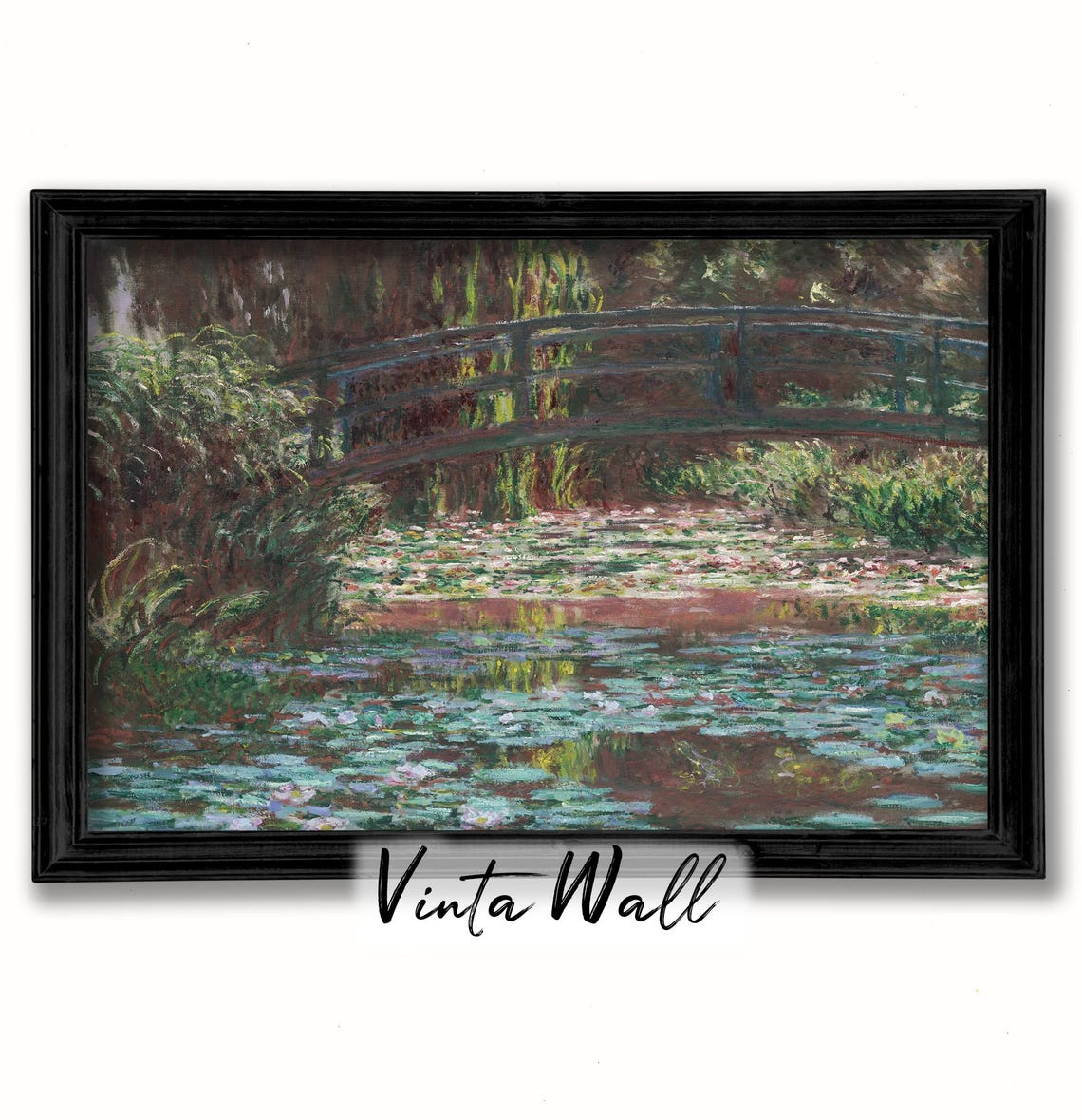 Oil Painting Lake Flower Water Lily Vintage Landscape Print Art Country Lake River Warm Tones Rustic Home Wall Decor Antique Green - Image 2