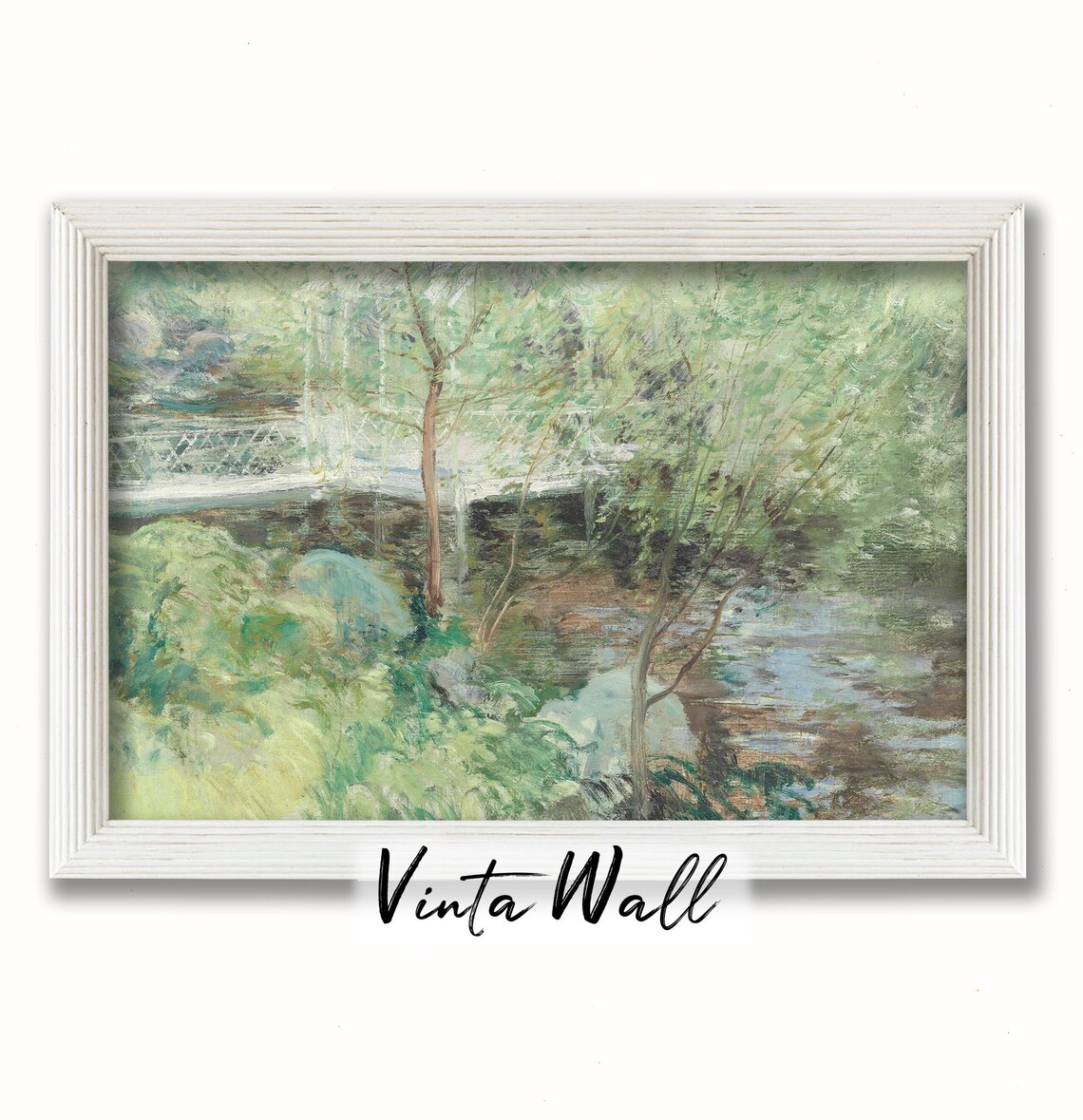 White Footbridge over Woodland Stream Impressionist Garden Poster - Image 2
