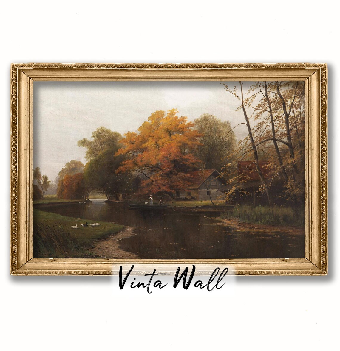 Autumn Pond With Fiery Orange Tree Cottage and Ducks Vintage Landscape Poster - Image 3