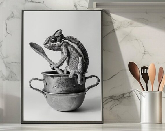 Funny Animal Print Chameleon Cooking In The Kitchen Art For Kitchen Decor Humorous Wall Art Funny Gift For Animal Lovers