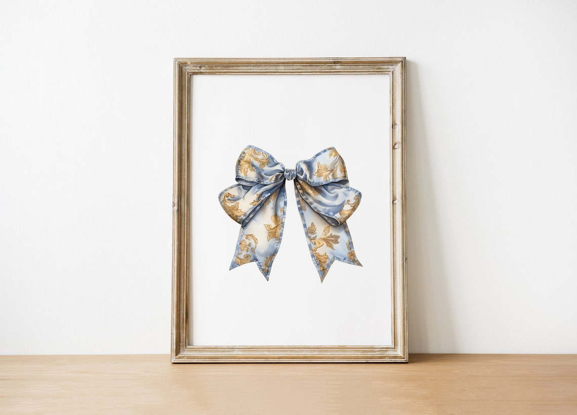Blue Gold Floral Ribbon Bow Watercolor Illustration Art Poster