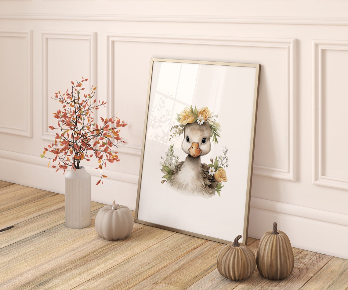 Duck Wearing Autumn Floral Crown Watercolor Girls Nursery Print