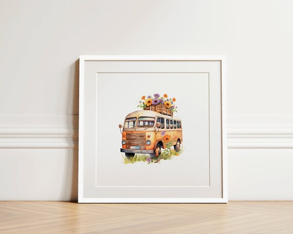 Vintage Orange Bus With Flowers Watercolor Nursery Transport Poster