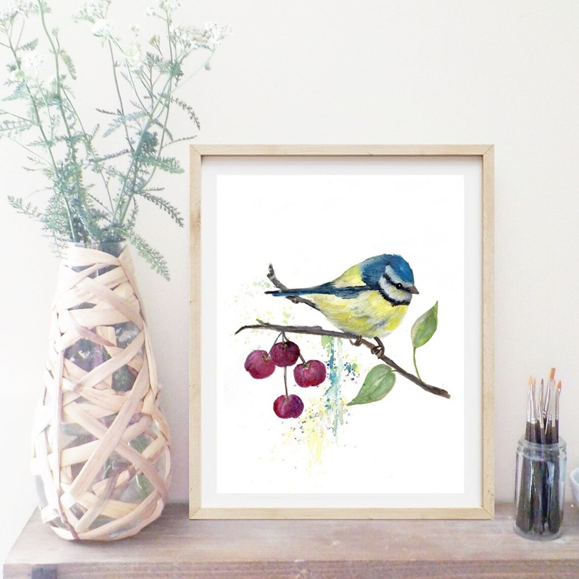 Blue Tit Bird on Ripe Red Cherry Branch Watercolor Bird Art Poster - Image 2