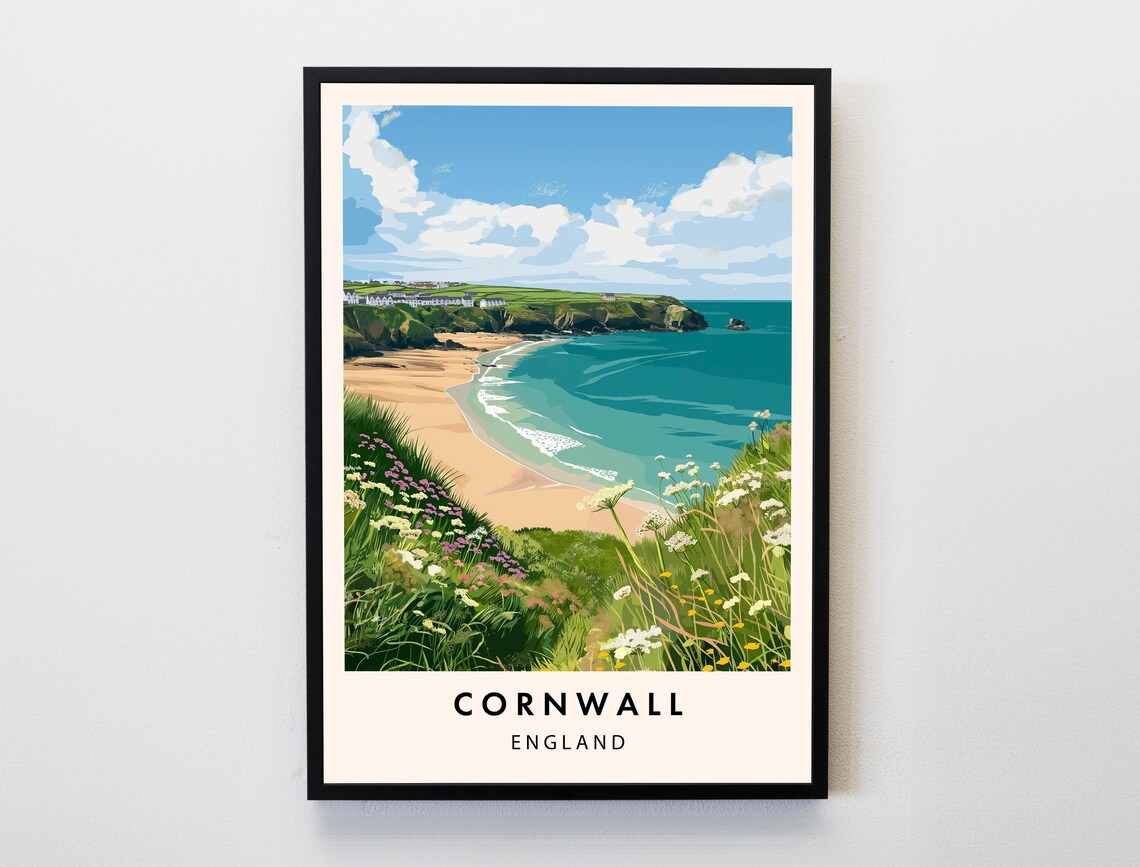 Cornwall England Beach Cove Wildflower Coastline Travel Poster