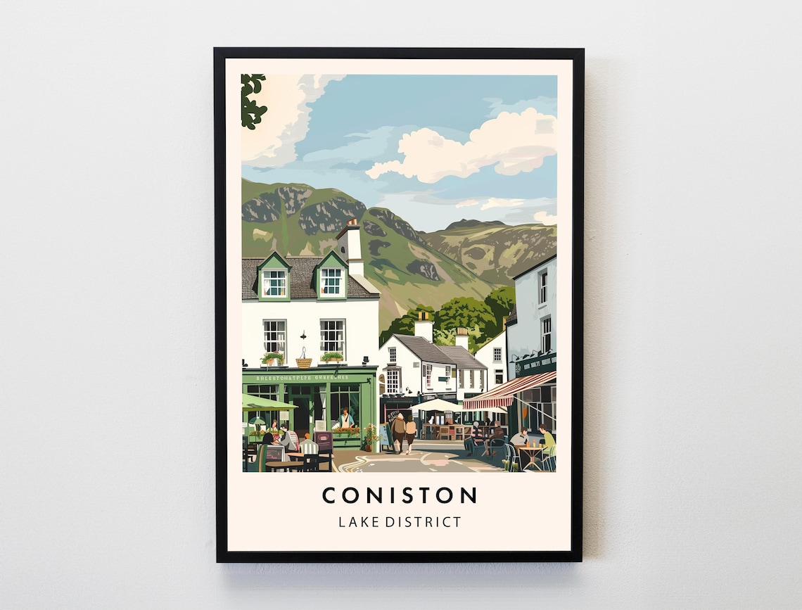 Coniston Lake District Village Cafes Fells Vintage Travel Poster