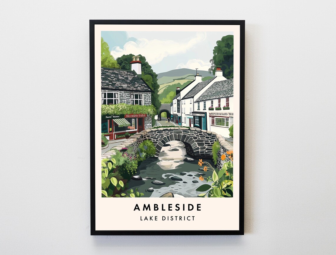 Ambleside Lake District Stone Bridge Stream Village Vintage Poster