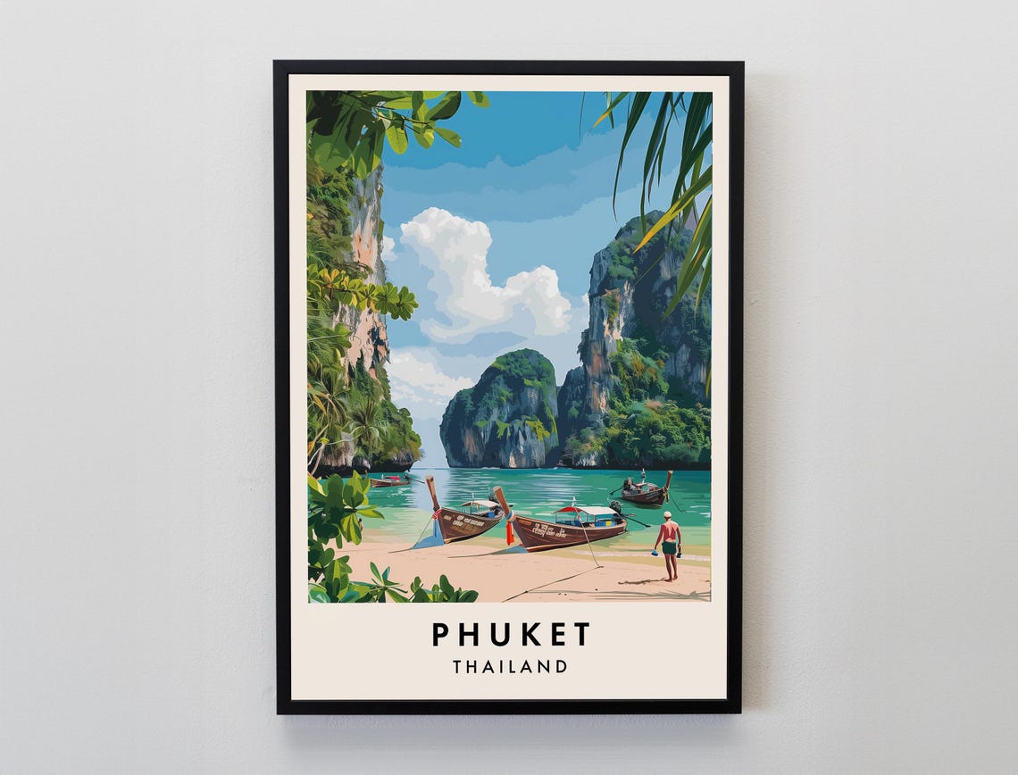 Phuket Thailand Limestone Cliffs Longtail Boats Travel Poster