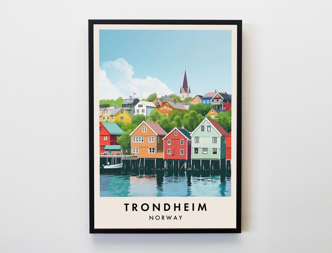 Trondheim Norway Travel Poster Waterfront Warehouses Harbor Town Art