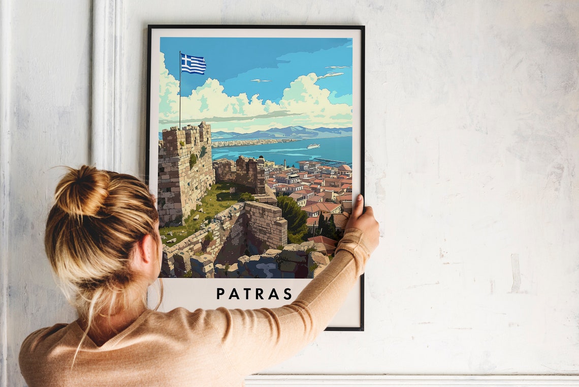 Patras Greece Castle Harbor Greek Flag Vintage Travel Art Poster - Image 2
