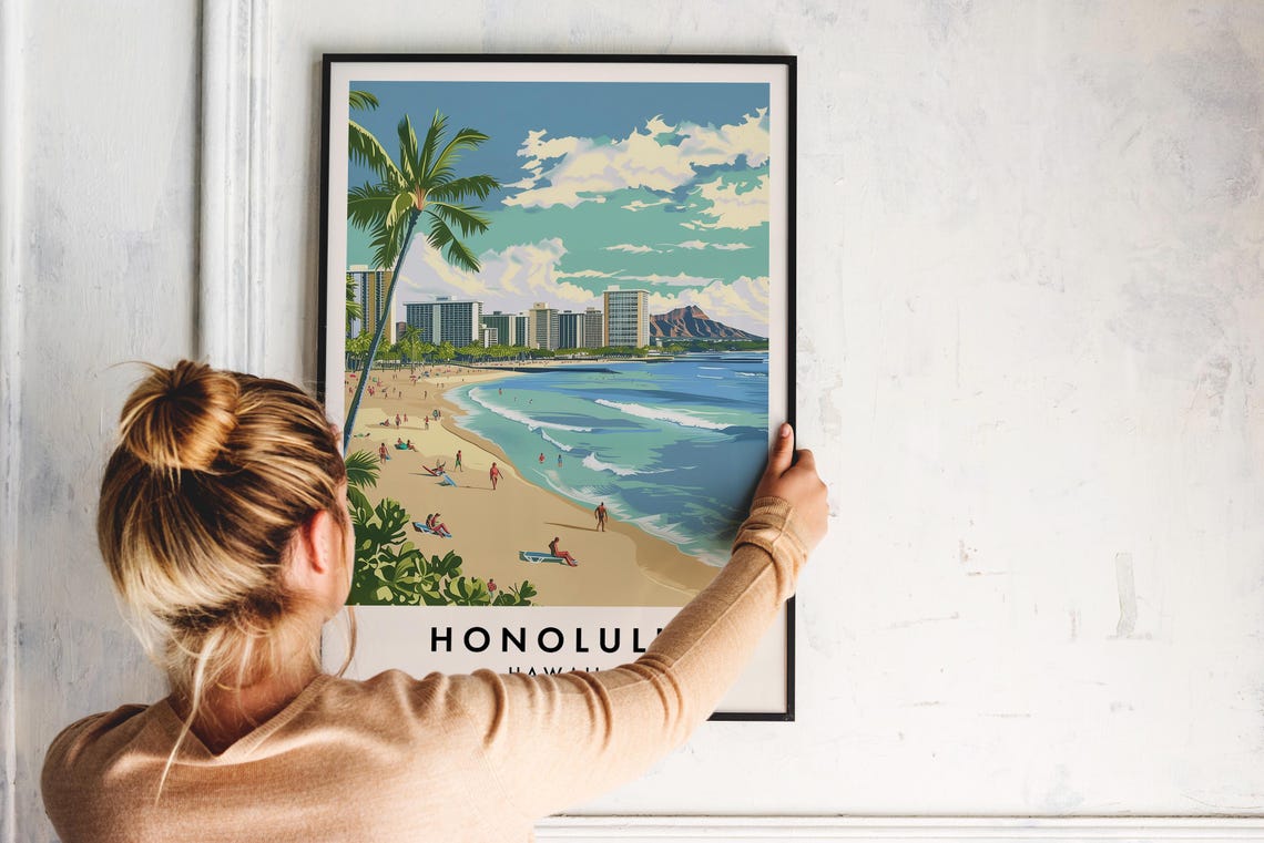 Honolulu Waikiki Beach Palm Trees Diamond Head Skyline Travel Poster - Image 2