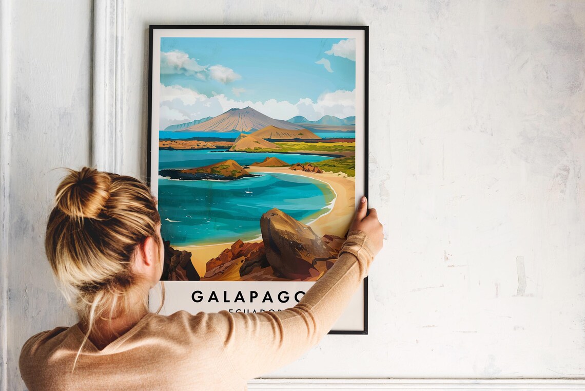 Galapagos Islands Ecuador Turquoise Bay Volcano Coast Travel Poster - Image 2