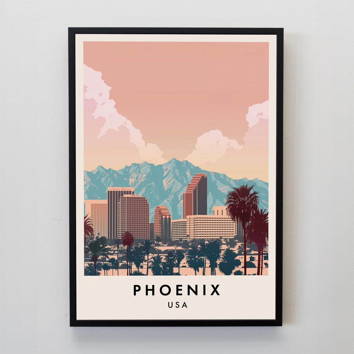 Phoenix Arizona Skyline With Mountains At Sunset Travel Poster