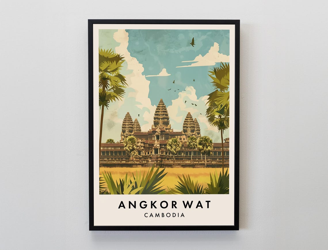 Angkor Wat Cambodia Temple Vintage Travel Illustration Poster