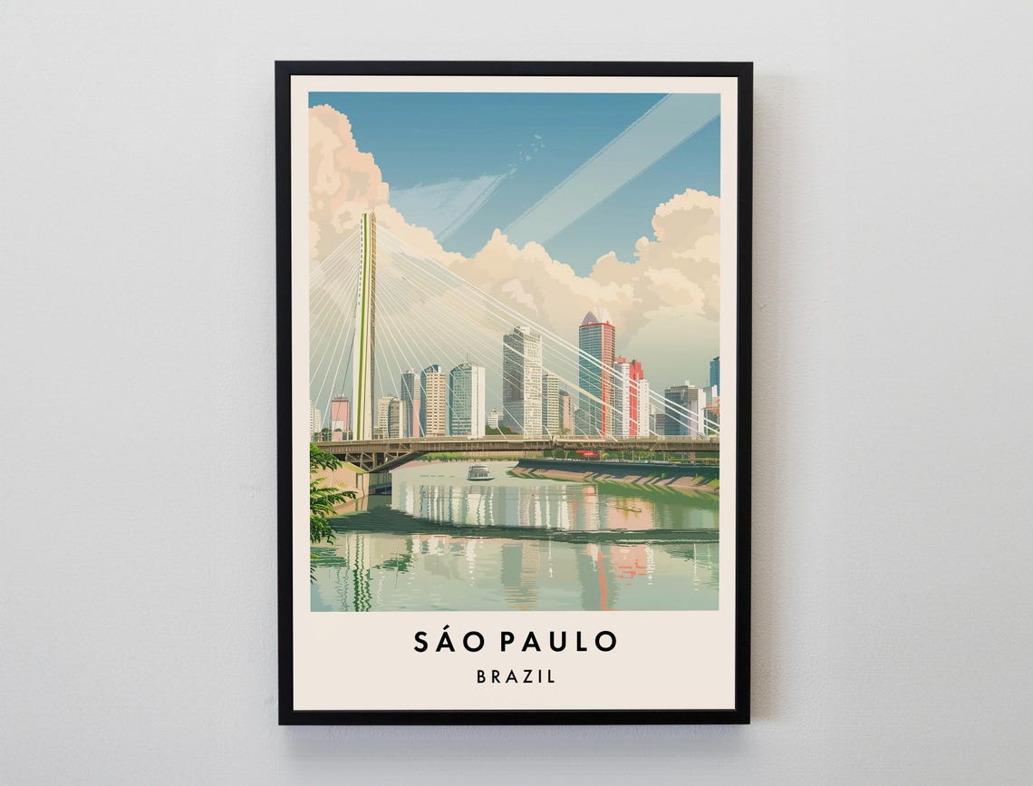 Sao Paulo Brazil Cable Stayed Bridge River Skyline Travel Poster