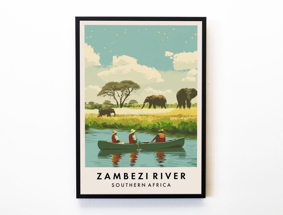 Zambezi River Safari Canoe And Elephants Southern Africa Poster