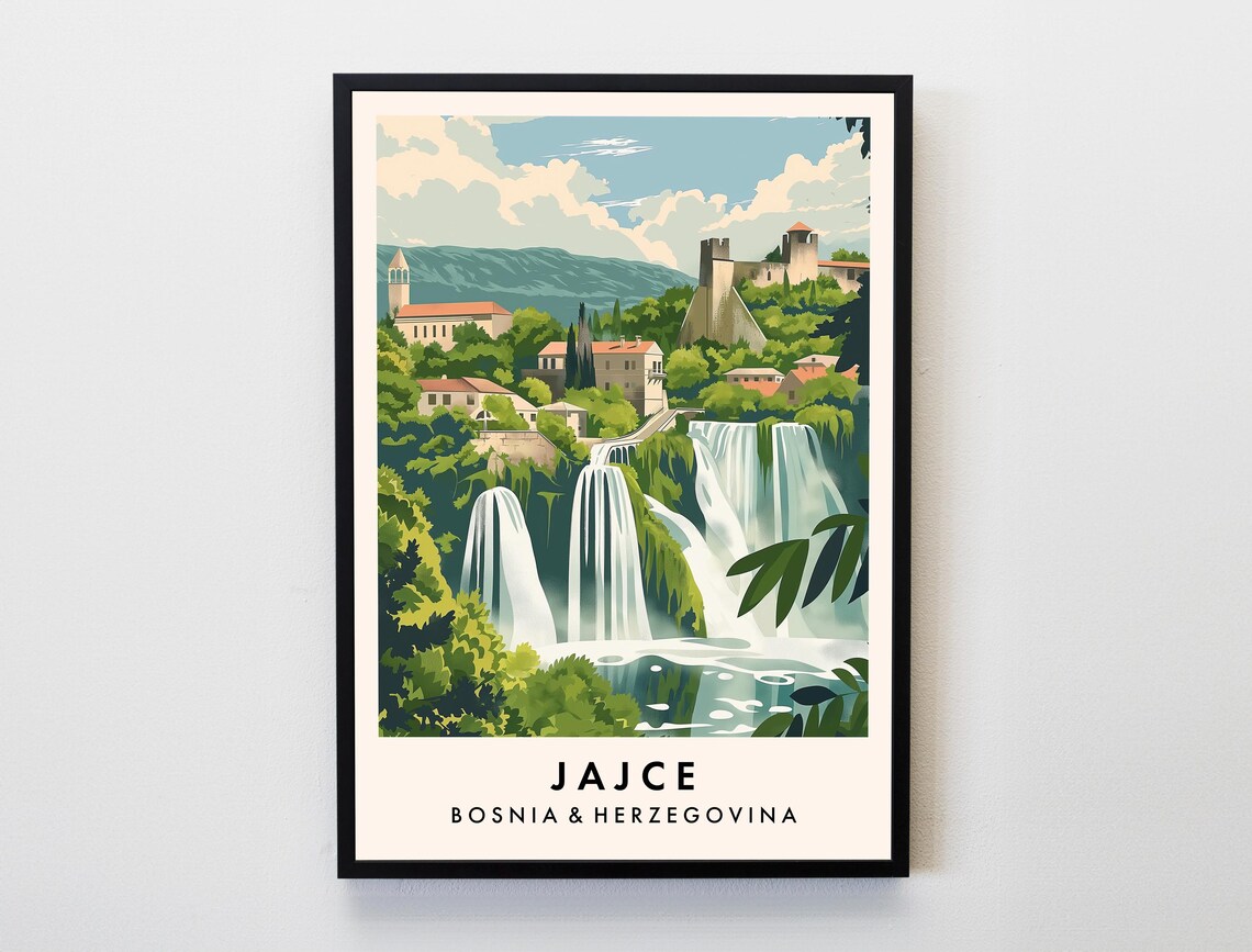 Jajce Bosnia and Herzegovina Waterfalls Fortress Town Travel Poster
