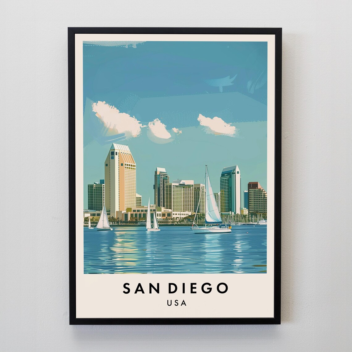 San Diego Harbor Sailboats Downtown Waterfront Skyline Travel Poster
