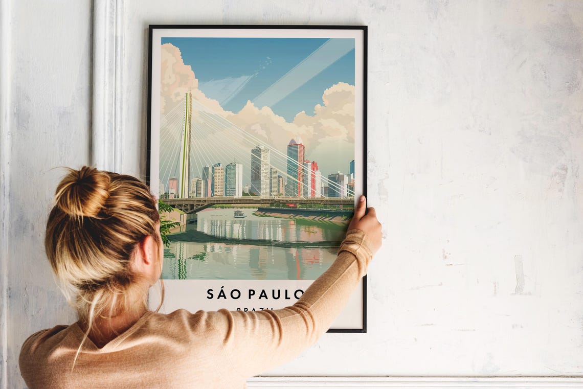 Sao Paulo Brazil Cable Stayed Bridge River Skyline Travel Poster - Image 2