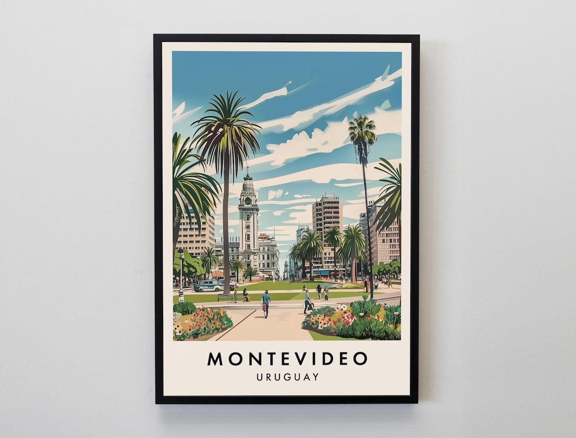 Montevideo Uruguay Palm Plaza City Skyline Flowers Travel Poster