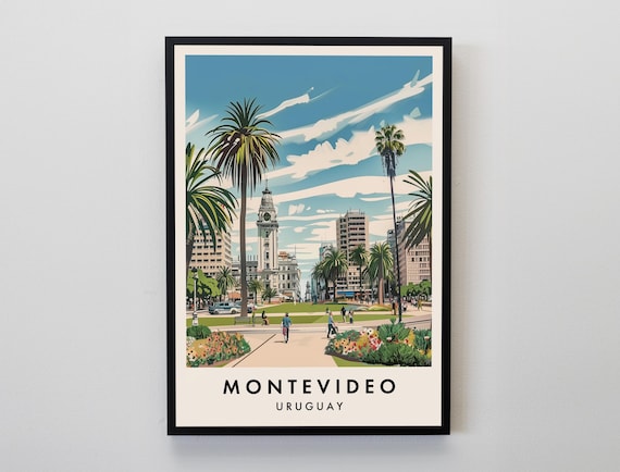 Montevideo Uruguay Palm Plaza City Skyline Flowers Travel Poster