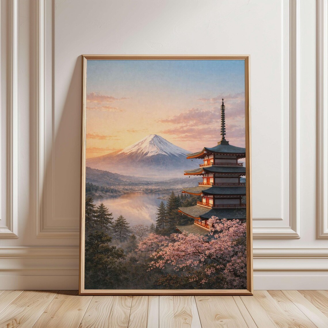 Mount Fuji Behind Chureito Pagoda Cherry Blossom Painting Print