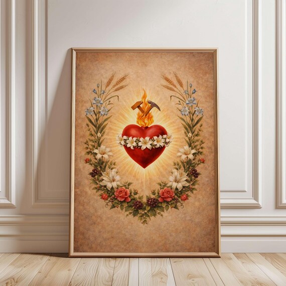 Most Chaste Heart of Saint Joseph Vintage Catholic Floral Wreath Poster