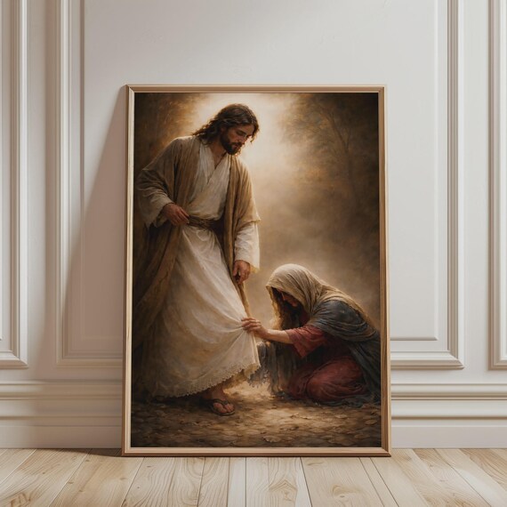 Woman Touching Jesus Hem Poster, Catholic Home Decor