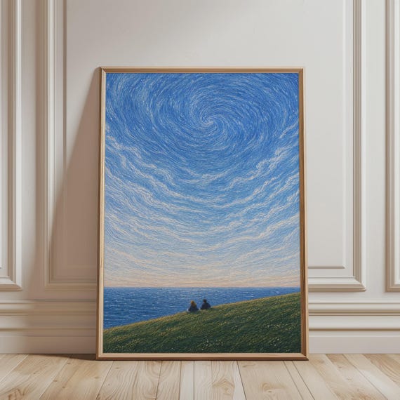 Nature Wall Art Peaceful Couple In Front Of Ocean Print Meadow Landscape For Bedroom Serene Sea Poster Minimalist Calm Decor