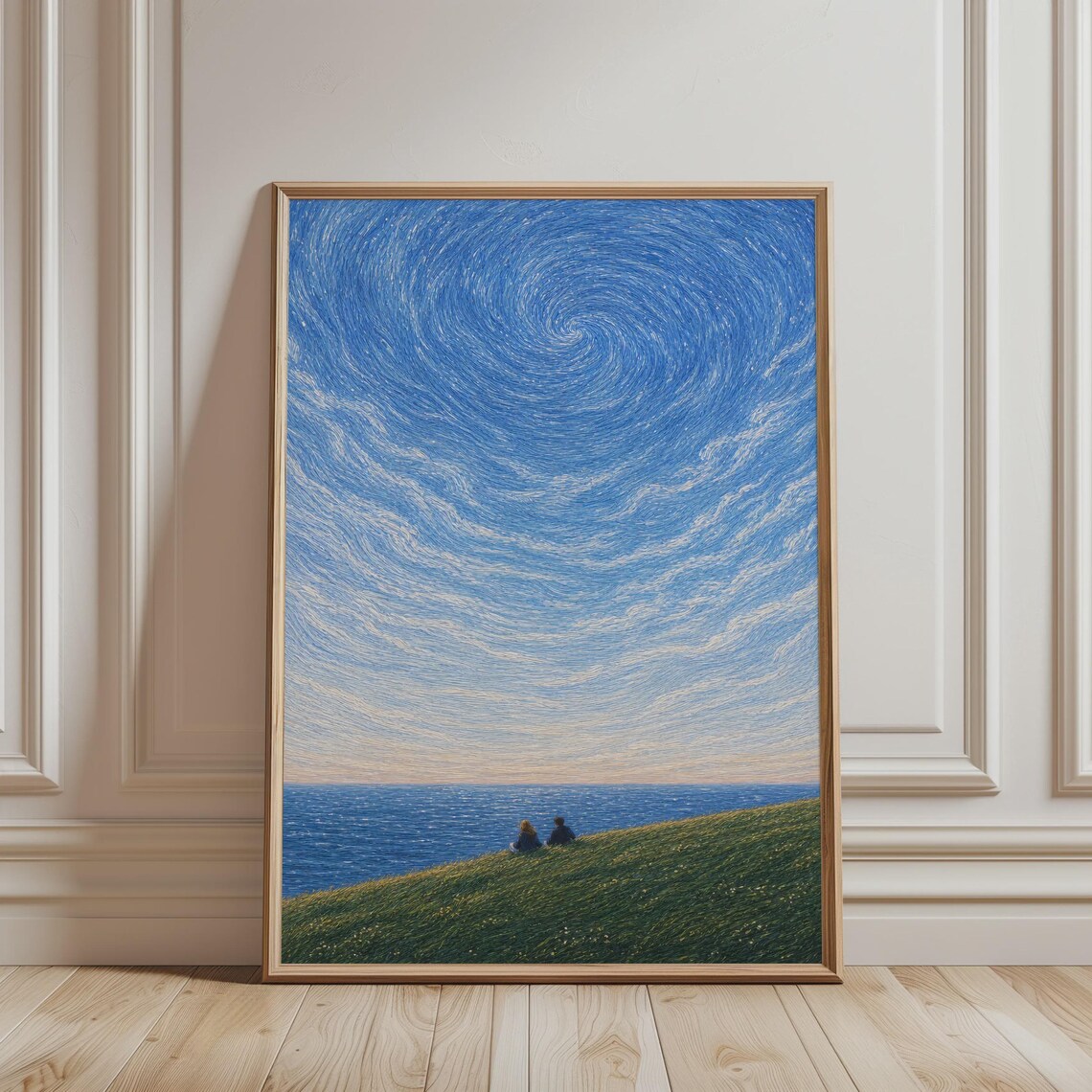 Peaceful Couple On Meadow Over Ocean Swirling Blue Sky Starry Night Wall Poster