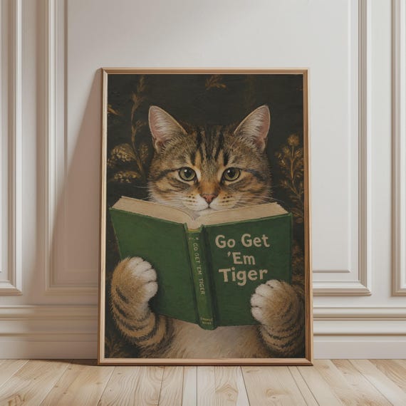 Trendy Wall Art Reading Cat Print Retro Tabby Grey Artwork Book Lover Gift Cozy Funny Animal Poster For Bed Study Room Decor