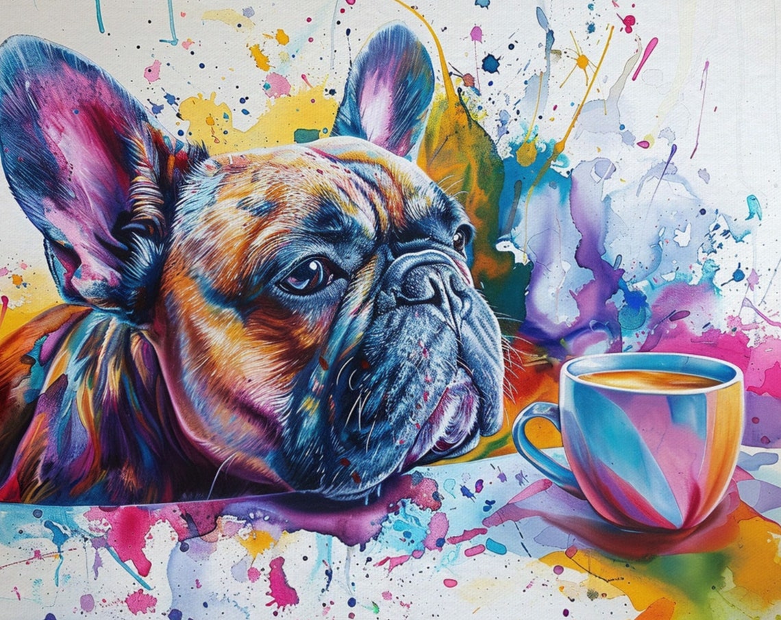 French Bulldog Close Up With Colorful Coffee Mug Splash Dog Poster