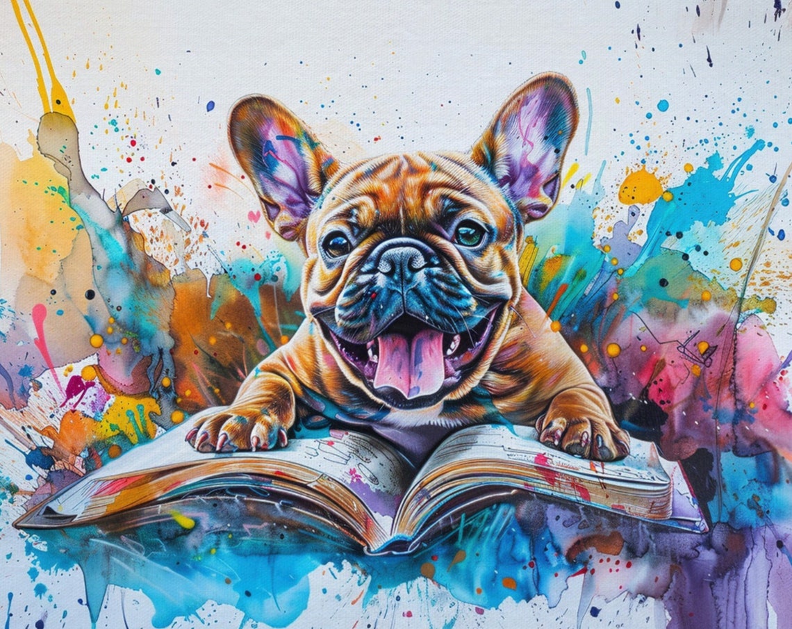 Smiling French Bulldog Over Open Book Paint Splash Puppy Poster