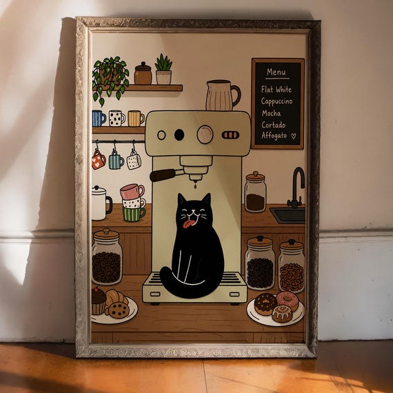 Black Cat Coffee Poster Cozy Cafe Kitchen Wall Art Espresso Illustration